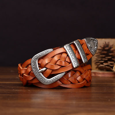 Rustic Charm Handwoven Braided Casual Leather Belt - Orange - 38 - image 11