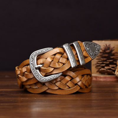 Rustic Charm Handwoven Braided Casual Leather Belt - Khaki - 38 - image 0