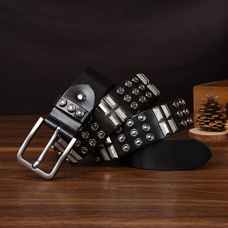 Edgy Premium Geometric and Round Stud-Embellished Leather Belt - Black - 44 - image 0