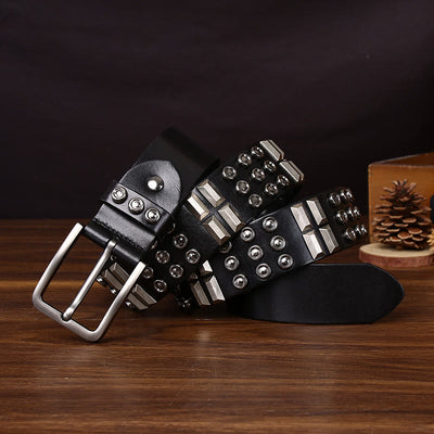 Edgy Premium Geometric and Round Stud-Embellished Leather Belt - Black - 44 - image 0