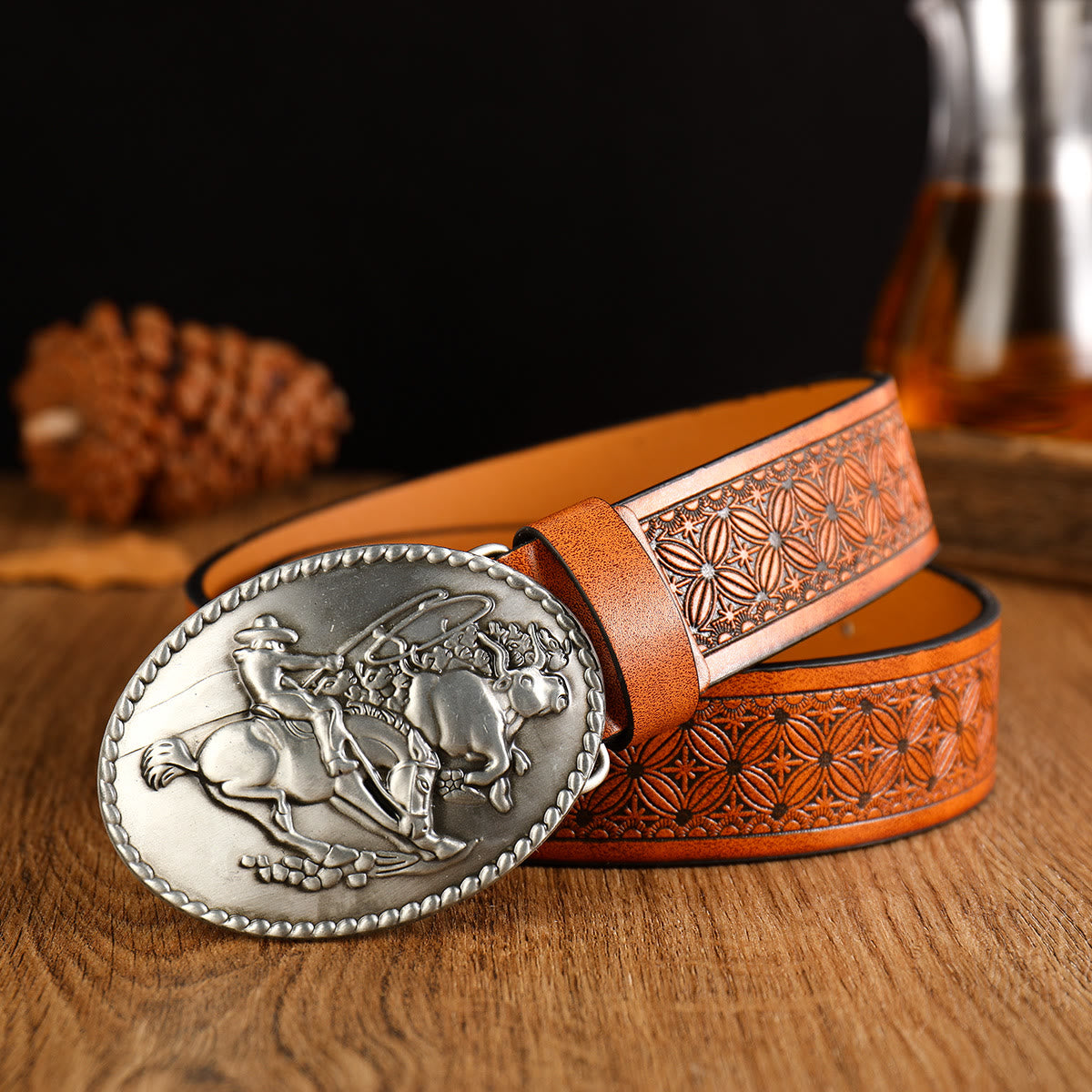 Men's Western Horse Riding Buckle Brown Leather Belt - Silver - 38 - image 2
