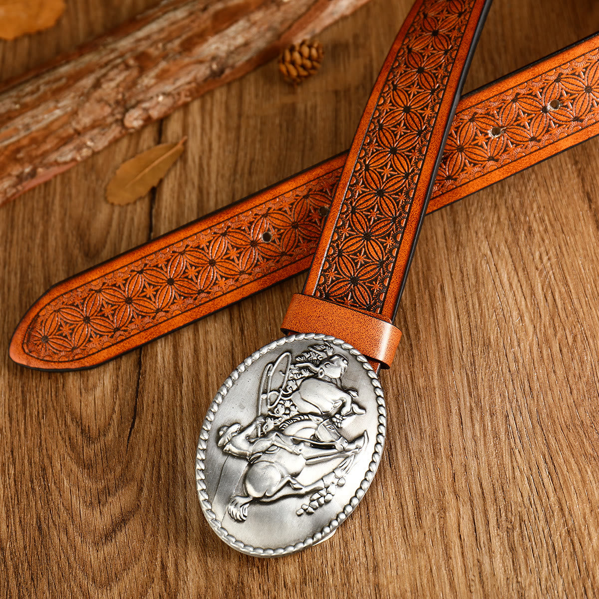 Men's Western Horse Riding Buckle Brown Leather Belt - image 3