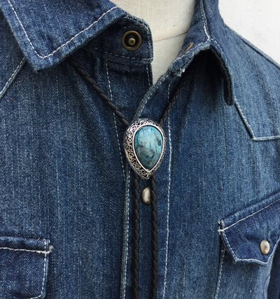 Teardrop Turquoise Vintage Carved Metal Bolo Ties - image 2