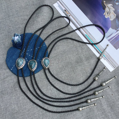 Teardrop Turquoise Vintage Carved Metal Bolo Ties - image 4