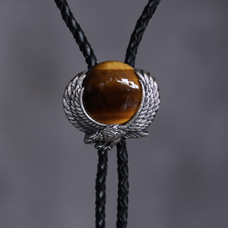 Wing-Accented Tiger Eye Stone Vintage Metal Bolo Ties - image 3