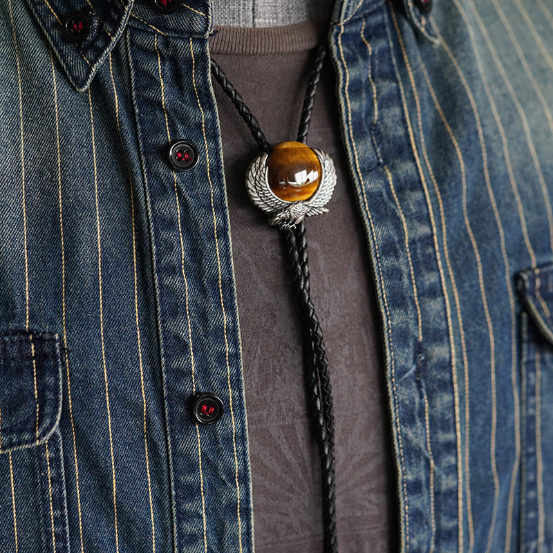 Wing-Accented Tiger Eye Stone Vintage Metal Bolo Ties - image 1