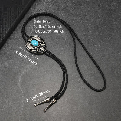 Oval Turquoise Black-and-white Carved Metal Bolo Ties - image 4