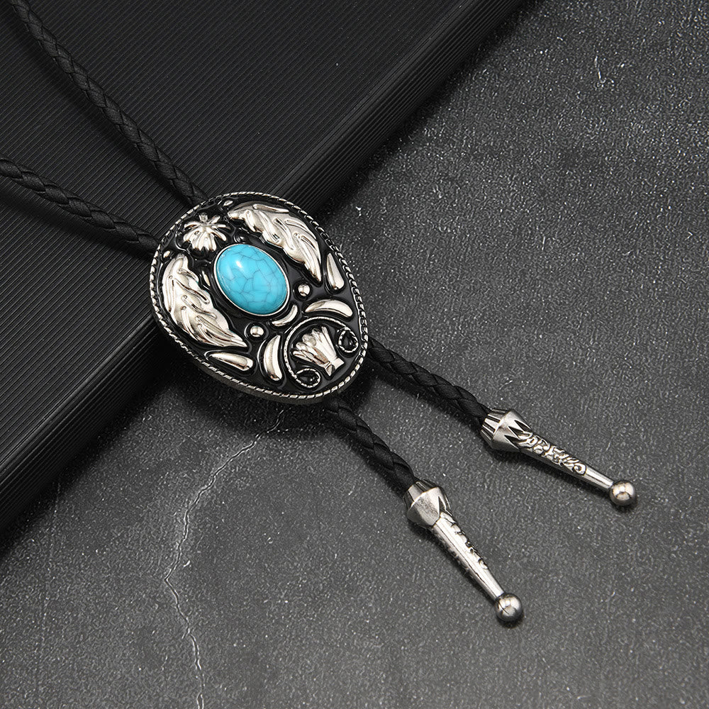 Oval Turquoise Black-and-white Carved Metal Bolo Ties - image 2