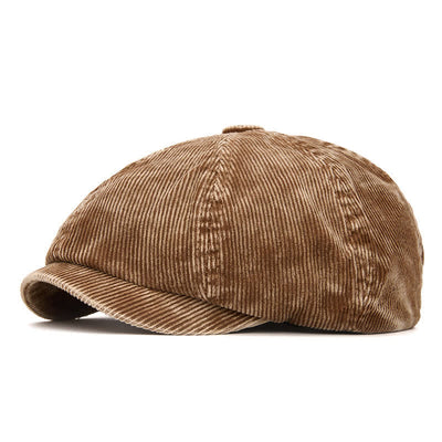 Retro-Inspired Solid Color Corduroy Newsboy Beret Hat - Khaki - Adjustable (22 1/2"-24") - image 0
