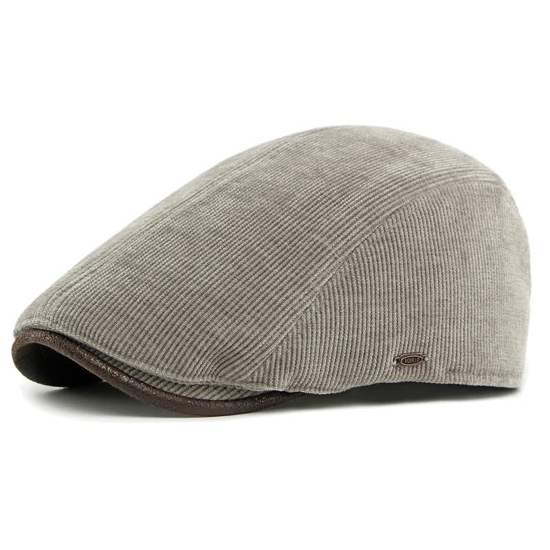 Modern Contrasting Brim Corduroy Flat Top Beret Hat - Light Gray - Adjustable (21 5/8"-23 1/4") - image 3