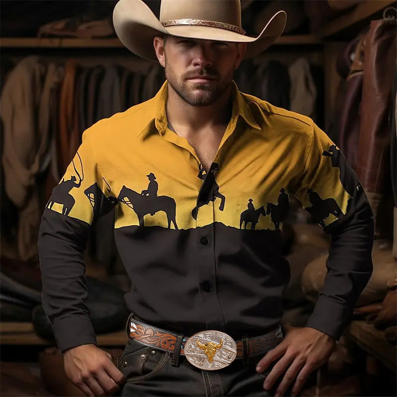 Men's 3D Print Gradient Silhouette Western Cowboy Long Sleeve Shirt - image 0