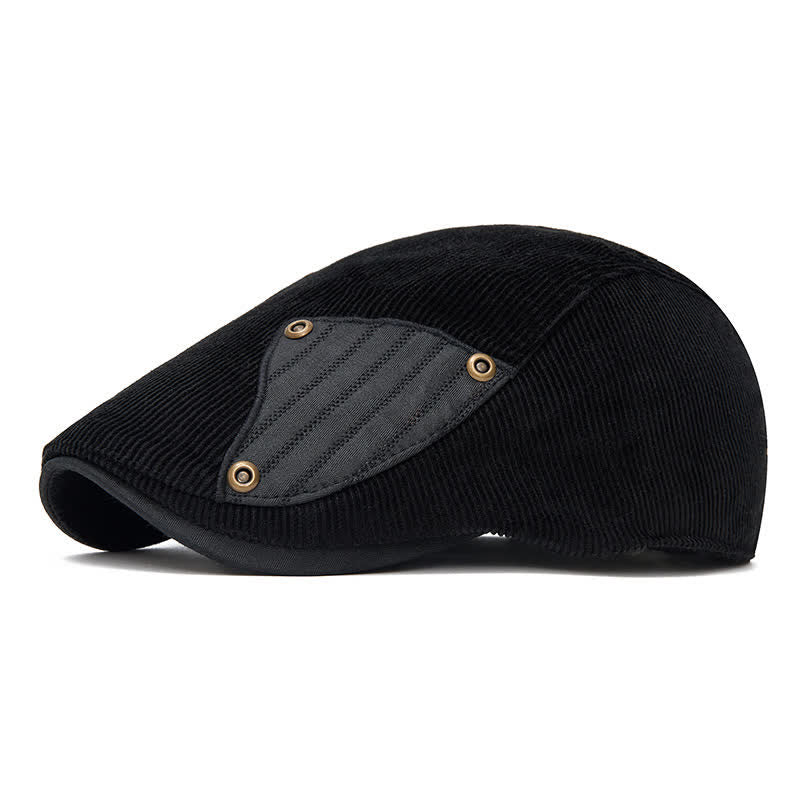 Street Style Chic Contrast Patch Corduroy Beret Hat - Black - Adjustable (22"-24") - image 9
