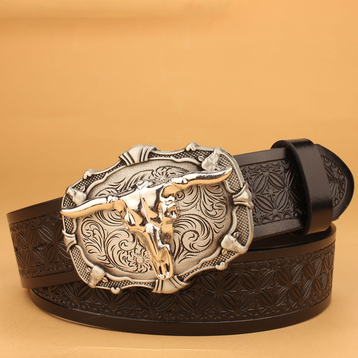 Men's Western Retro Sliver Bull Head Black Embossed Belt - Sliver Bull Head - 38 - image 0