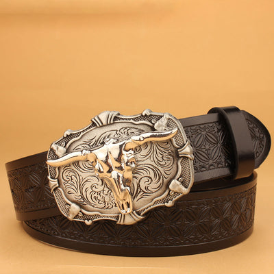Men's Western Retro Sliver Bull Head Black Embossed Belt - Sliver Bull Head - 38 - image 0