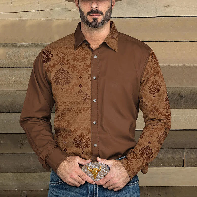 Men's Western Printed-Solid Color Patchwork Long Sleeves Shirt - image 0