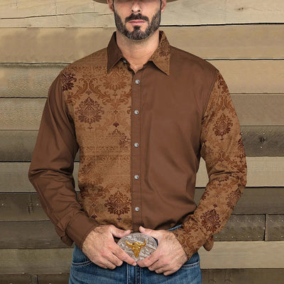 Men's Western Printed-Solid Color Patchwork Long Sleeves Shirt - image 0