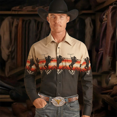 Men's Western Riding Cowboy Print Long Sleeves Shirt - image 0
