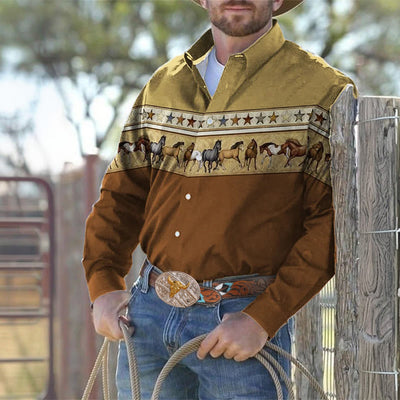 Men's Western 3D Print Horse Stars Long Sleeves Cowboy Shirt - image 0