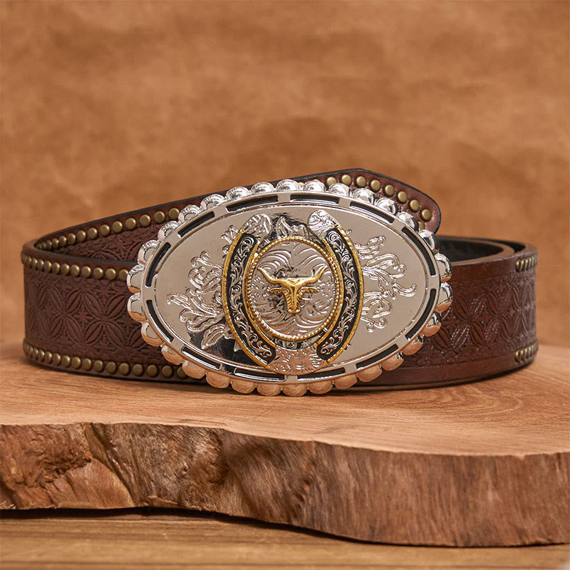 Men's Silver Carved Golden Bull Head Ellipse Buckle Leather Belt - Brown Rivet Belt - 42 - image 4