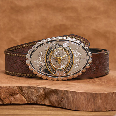 Men's Silver Carved Golden Bull Head Ellipse Buckle Leather Belt - Brown Rivet Belt - 42 - image 4