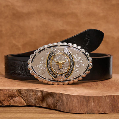 Men's Silver Carved Golden Bull Head Ellipse Buckle Leather Belt - Black Embossed Eagle Belt - 42 - image 2