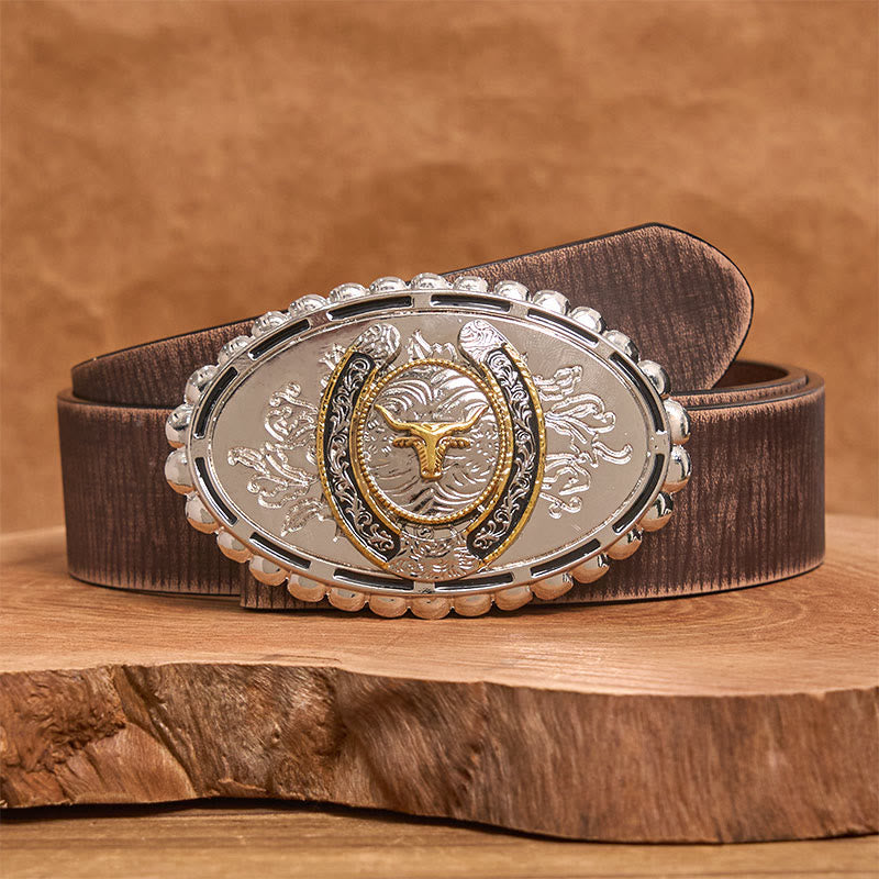 Men's Silver Carved Golden Bull Head Ellipse Buckle Leather Belt - Brown Distressed Belt - 42 - image 5