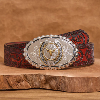 Men's Silver Carved Golden Bull Head Ellipse Buckle Leather Belt - Brown Carved Belt - 42 - image 6