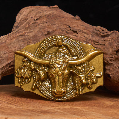 Men's Western Golden & Sliver Bull Head Buckle Leather Belt - Golden - Without Belt - Not Included Belt - image 0