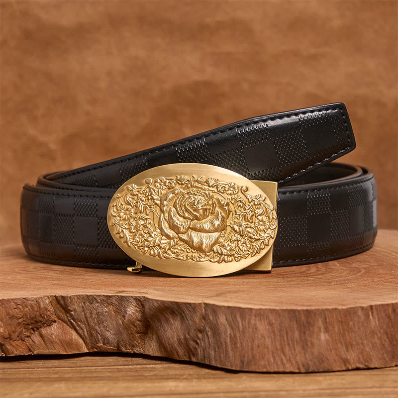 Men's Golden Rose Oval Metal Automatic Buckle Leather Belt - Golden Rose - Black Checked Pattern Belt (40) - image 6