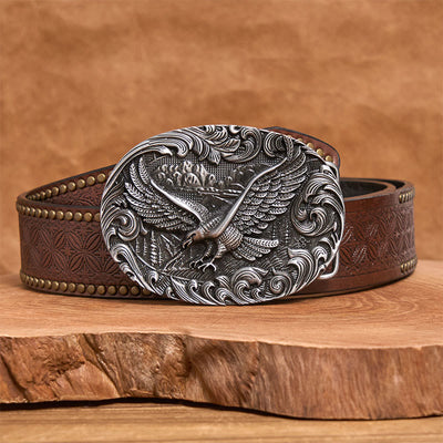 Men's Western Flying Eagle Embossed Buckle Leather Belt - Silver - Brown Rivet Belt - 42 - image 8