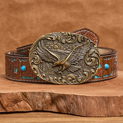 Men's Western Flying Eagle Embossed Buckle Leather Belt - Bronze - Turquoise Carved Belt - 42 - image 7