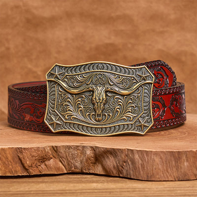 Men's Western Longhorn Skull Ornate Buckle Leather Belt - Bronze - Brown Carved Belt - 42 - image 12