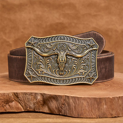 Men's Western Longhorn Skull Ornate Buckle Leather Belt - Bronze - Brown Distressed Belt - 42 - image 10