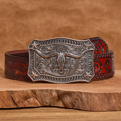 Men's Western Longhorn Skull Ornate Buckle Leather Belt - Silver - Brown Carved Belt - 42 - image 13