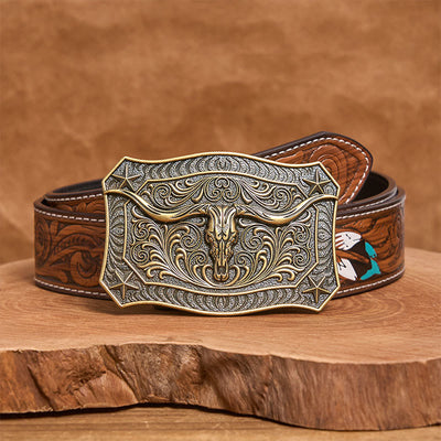 Men's Western Longhorn Skull Ornate Buckle Leather Belt - Bronze - Brown Feather Belt - 40 - image 14
