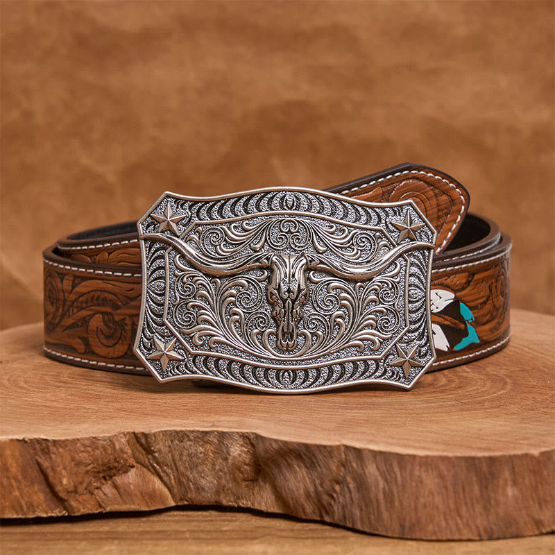 Men's Western Longhorn Skull Ornate Buckle Leather Belt - Silver - Brown Feather Belt - 40 - image 15