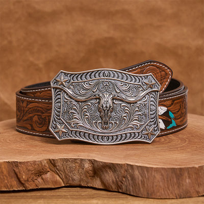 Men's Western Longhorn Skull Ornate Buckle Leather Belt - Silver - Brown Feather Belt - 40 - image 15