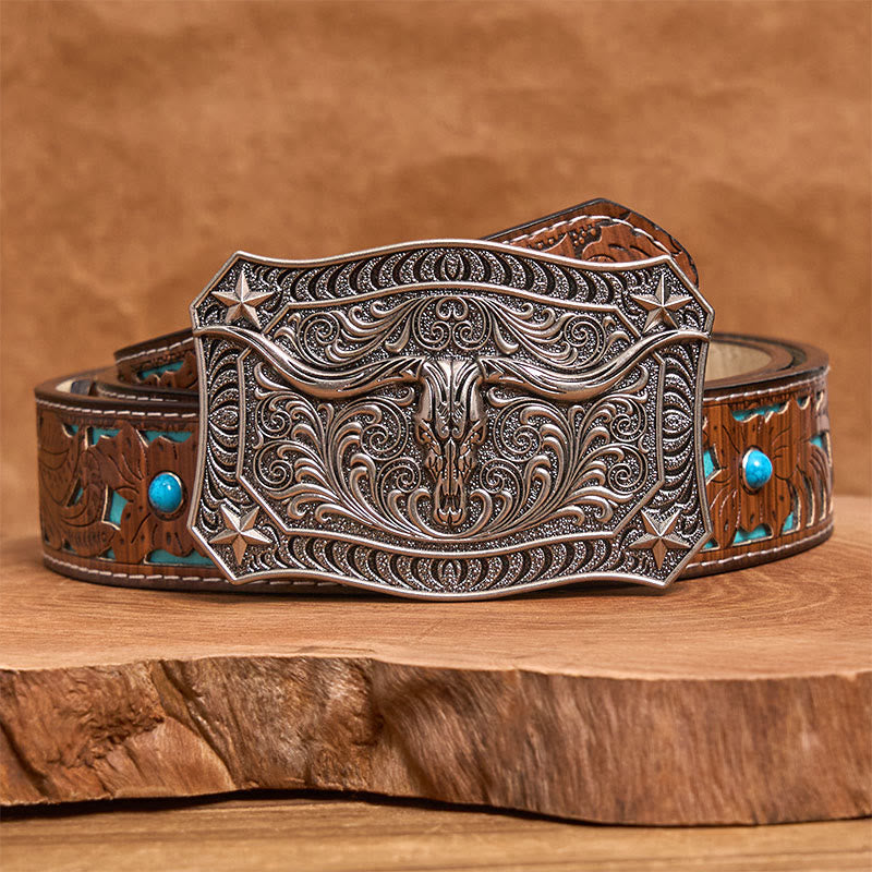 Men's Western Longhorn Skull Ornate Buckle Leather Belt - Silver - Turquoise Carved Belt - 42 - image 7