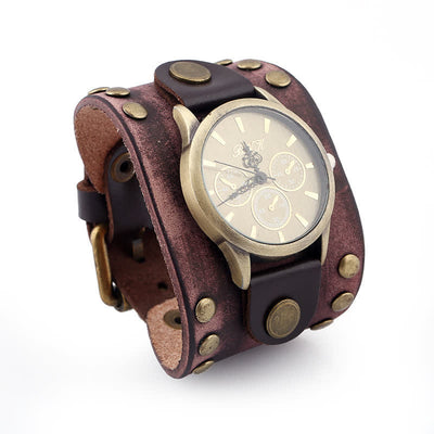 Men's Punk Rock Rivet Wide Cuff Leather Watch