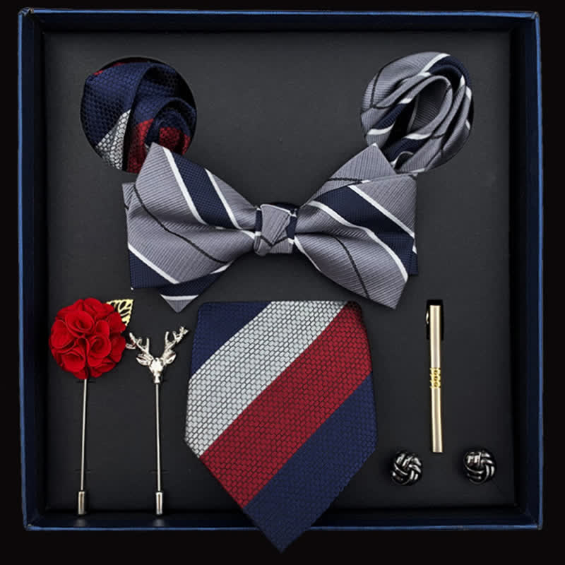 8Pcs Men's Gray Blue Red Striped Bow Ties Gift Box