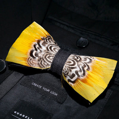 Yellow Tiger Print Feather Bow Tie with Lapel Pin