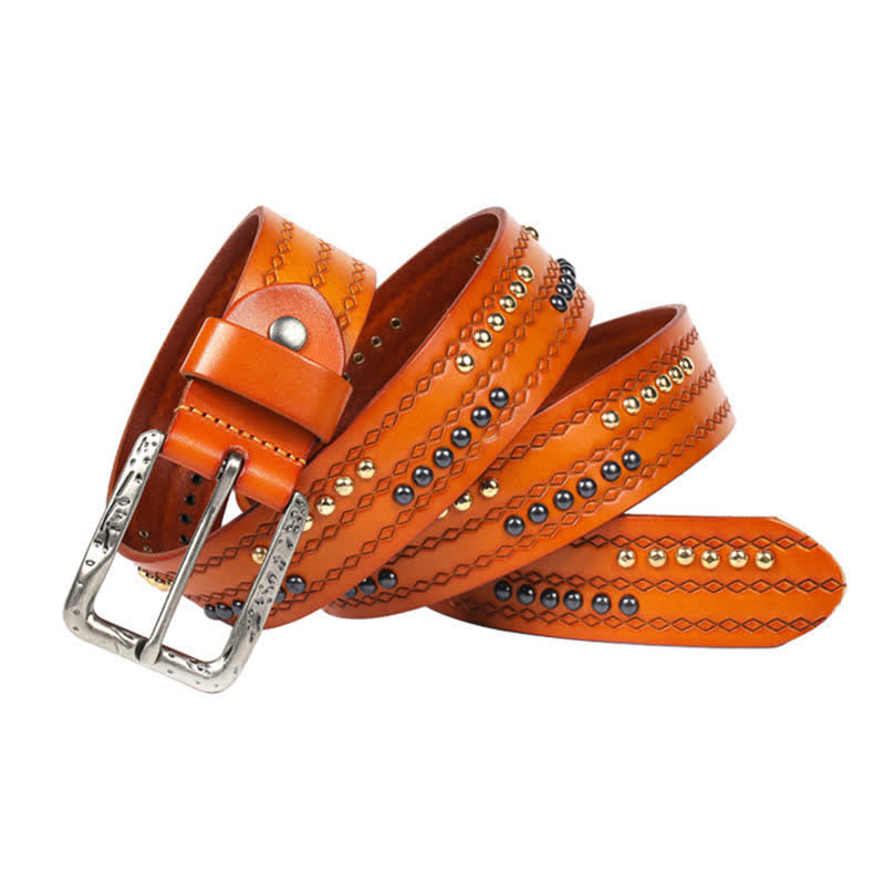 Round Rivet Fancy Stitch Embossed Pattern Leather Belt