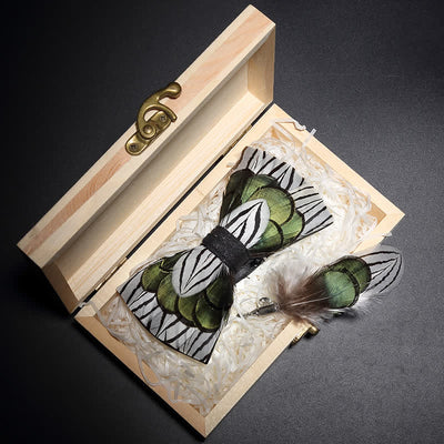 Green & White Forest Feather Bow Tie with Lapel Pin