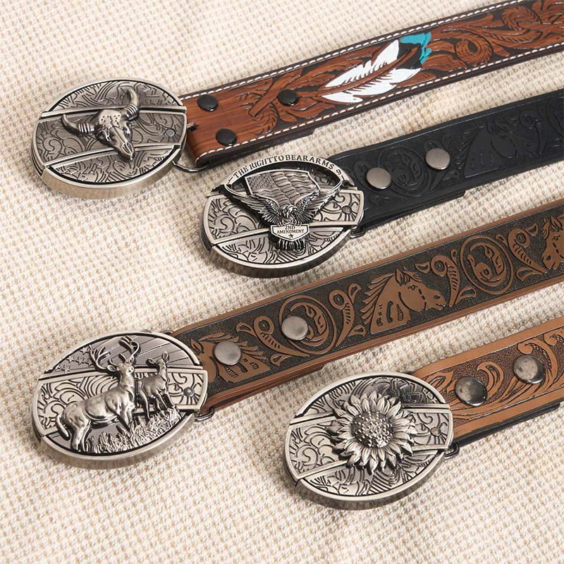 Men's DIY Rodeo Bull Hidden Folding Knife Buckle Leather Belt