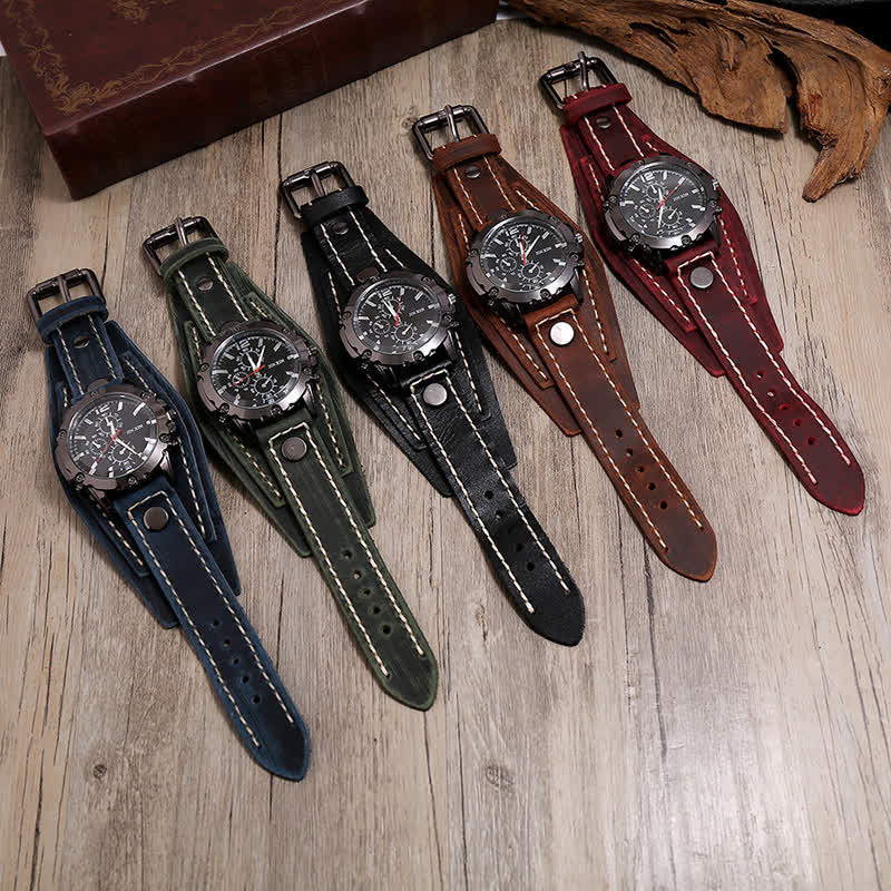 Men's Casual Triple Dial Wide Cuff Leather Watch