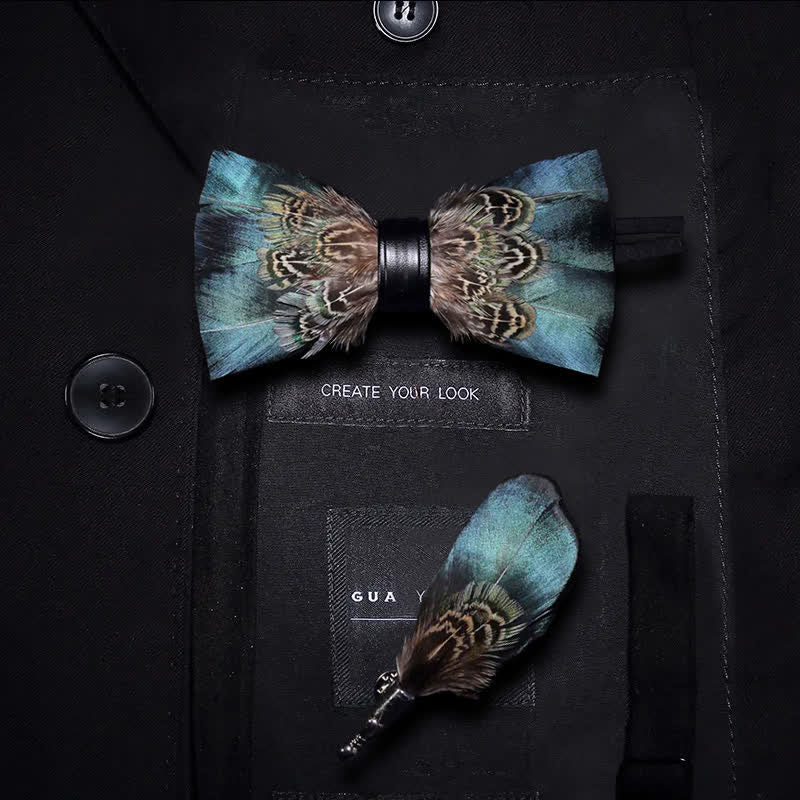 Green & Brown Vintage Feather Bow Tie with Lapel Pin