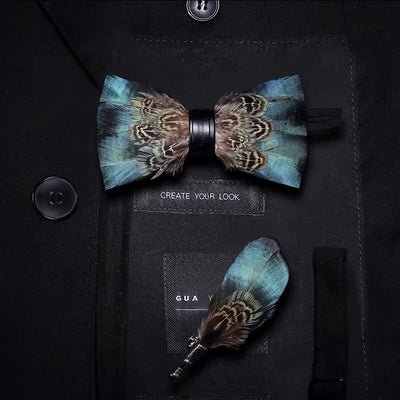 Green & Brown Vintage Feather Bow Tie with Lapel Pin