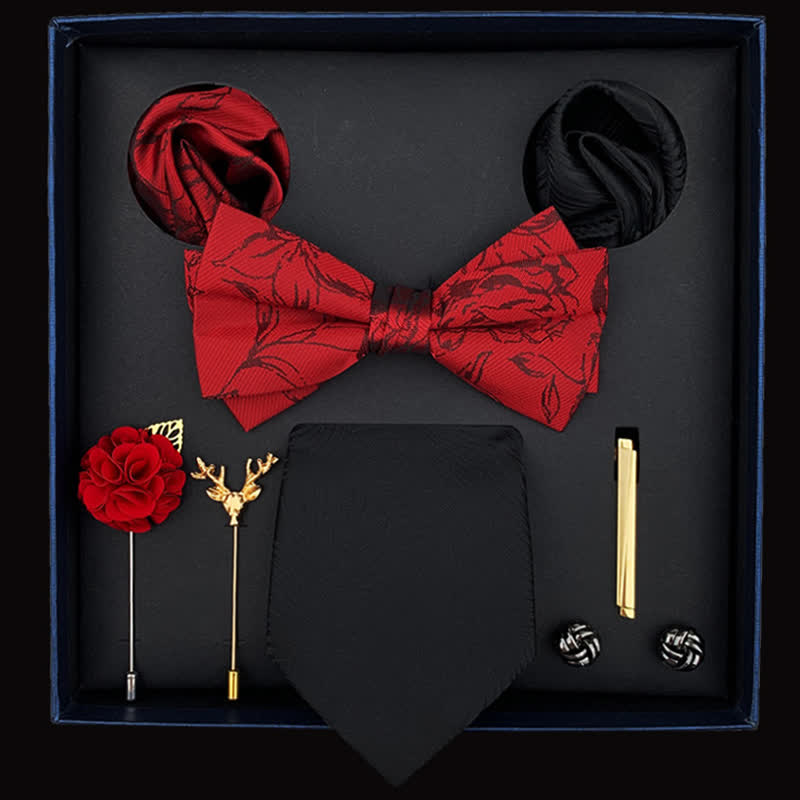 8Pcs Men's Noble Black & Red Floral Bow Ties Gift Box