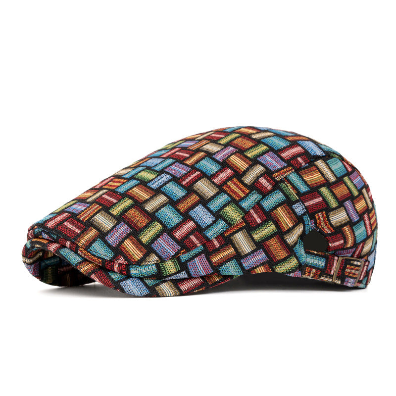 Artistic Retro Colored Jacquard Checkered Beret Hat - Edge buckle - Dark Blue - Adjustable (22 1/2"-24") - image 13