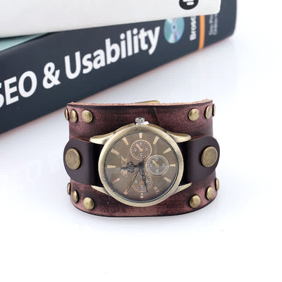 Men's Punk Rock Rivet Wide Cuff Leather Watch
